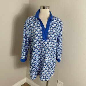 Sigrid Olsen Womens XL Blue White 100% Linen Tunic Top V Neck Shirt